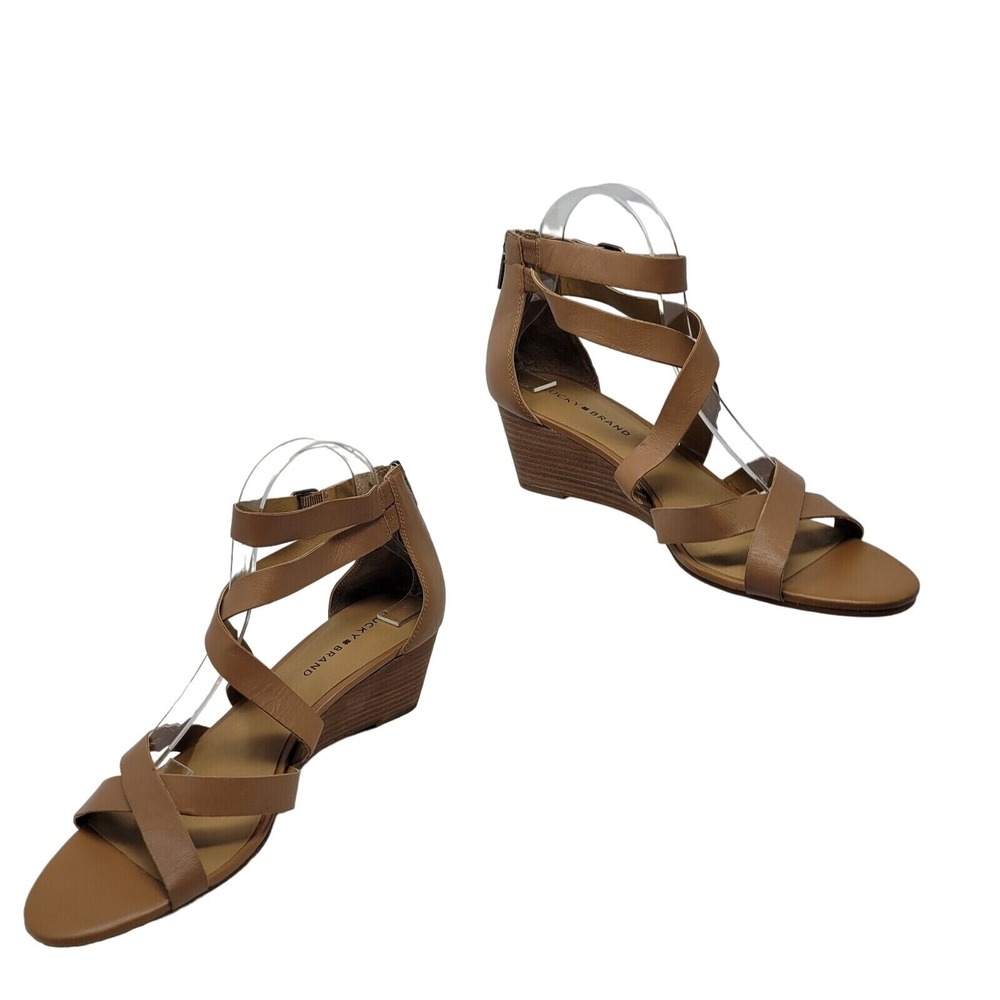 Lucky Brand Jinela Leather Strappy Wedge Sandals 11 Tan Wood Stacked Ankle Strap - Picture 10 of 11
